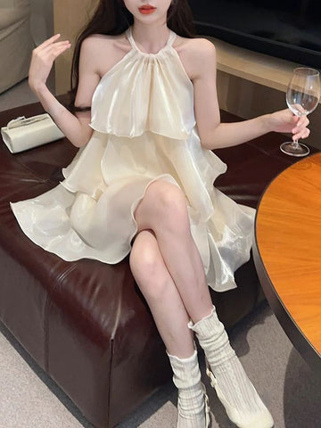 Gentle A Line Halter Layered Light Champagne Satin Short Homecoming Dress Cocktail Dress HZ1023